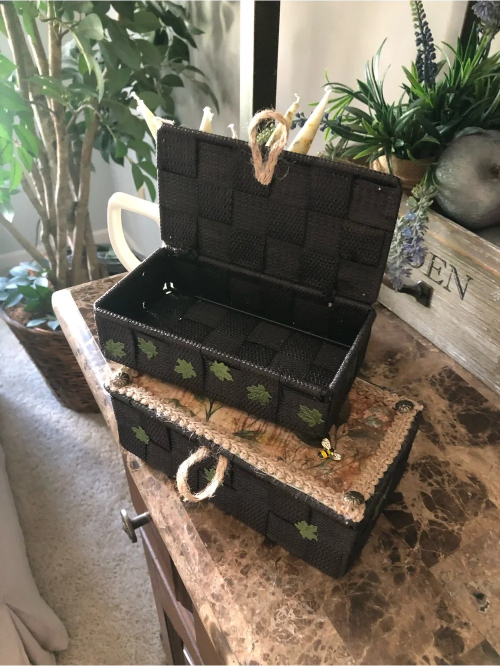 Handcrafted Sunflower Decorative Storage Boxes - Black and Yellow